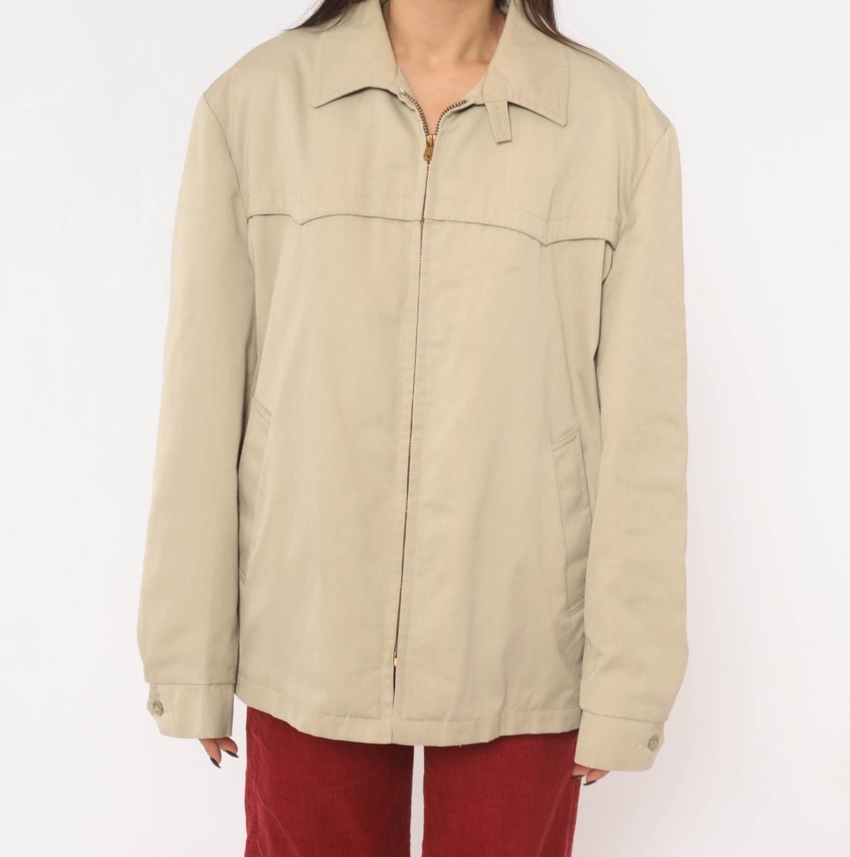 80s Sears Beige Harrington Jacket Western Yoke Pointed Collar Unisex Large
