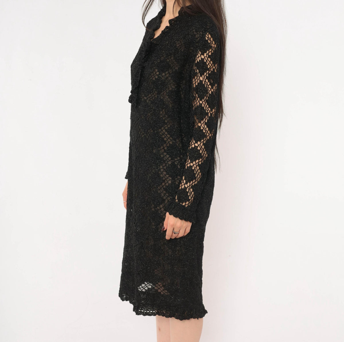 70s Black Crochet Lace Dress Metallic Sparkle Long Sleeve Knee-Length Small