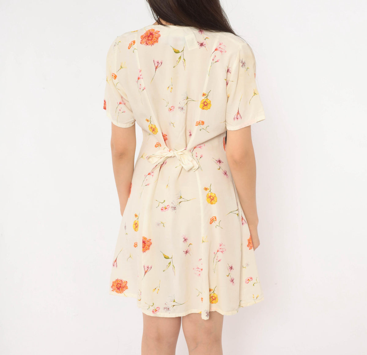 90s Wag Girls Floral Dress Cream Ditsy Print Tie Front Knee Length Extra Small XS