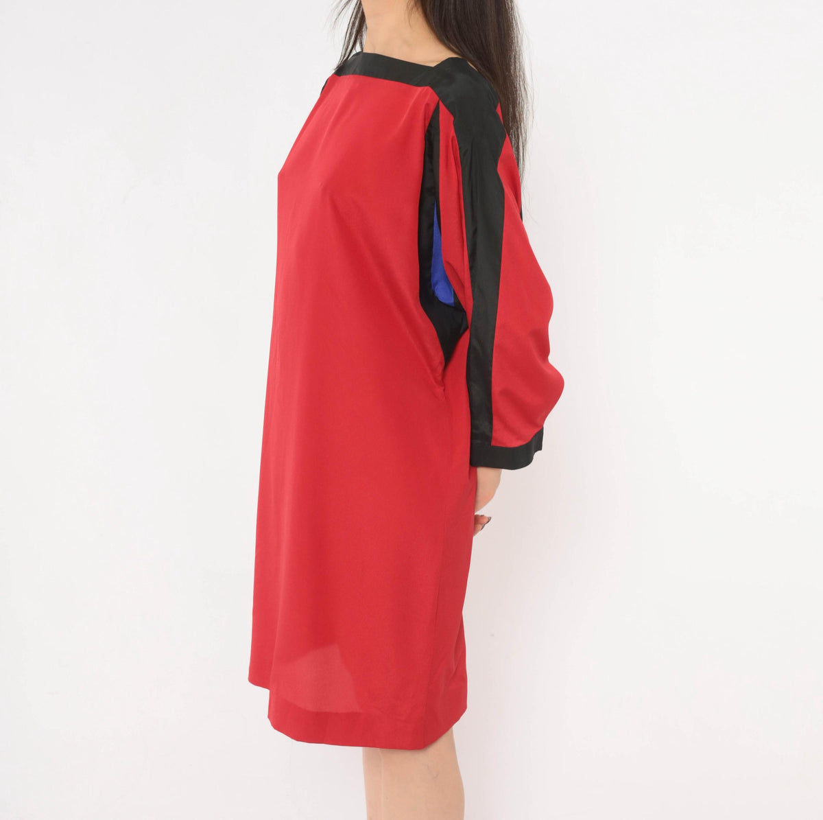 80s Red Color Block Shift Dress Batwing Dolman Sleeve Boat Neck Medium