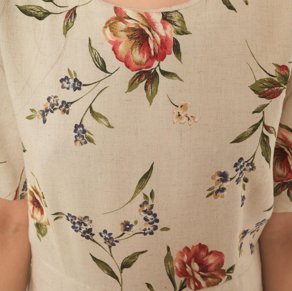 90s Just in Thyme Floral Midi Dress Cream Rose Print A-Line Large L