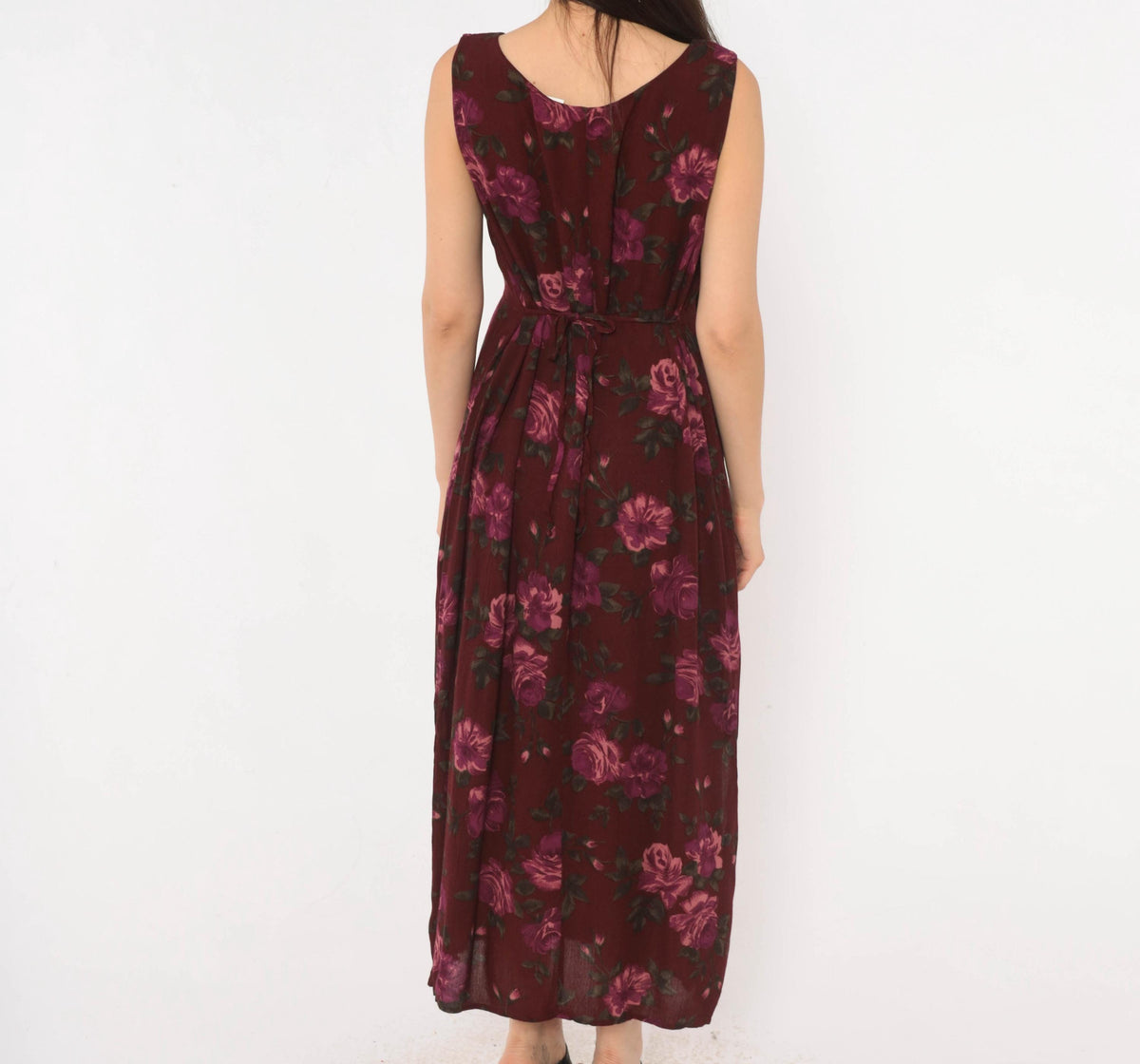 90s Chadwick's Burgundy Floral Midi Dress Sleeveless Tie Back Medium M