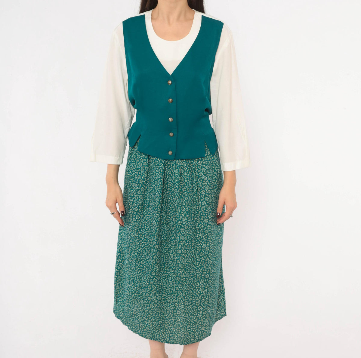 90s Olivia Rose Ditsy Floral Midi Dress Teal Green Vest Bodice Large L