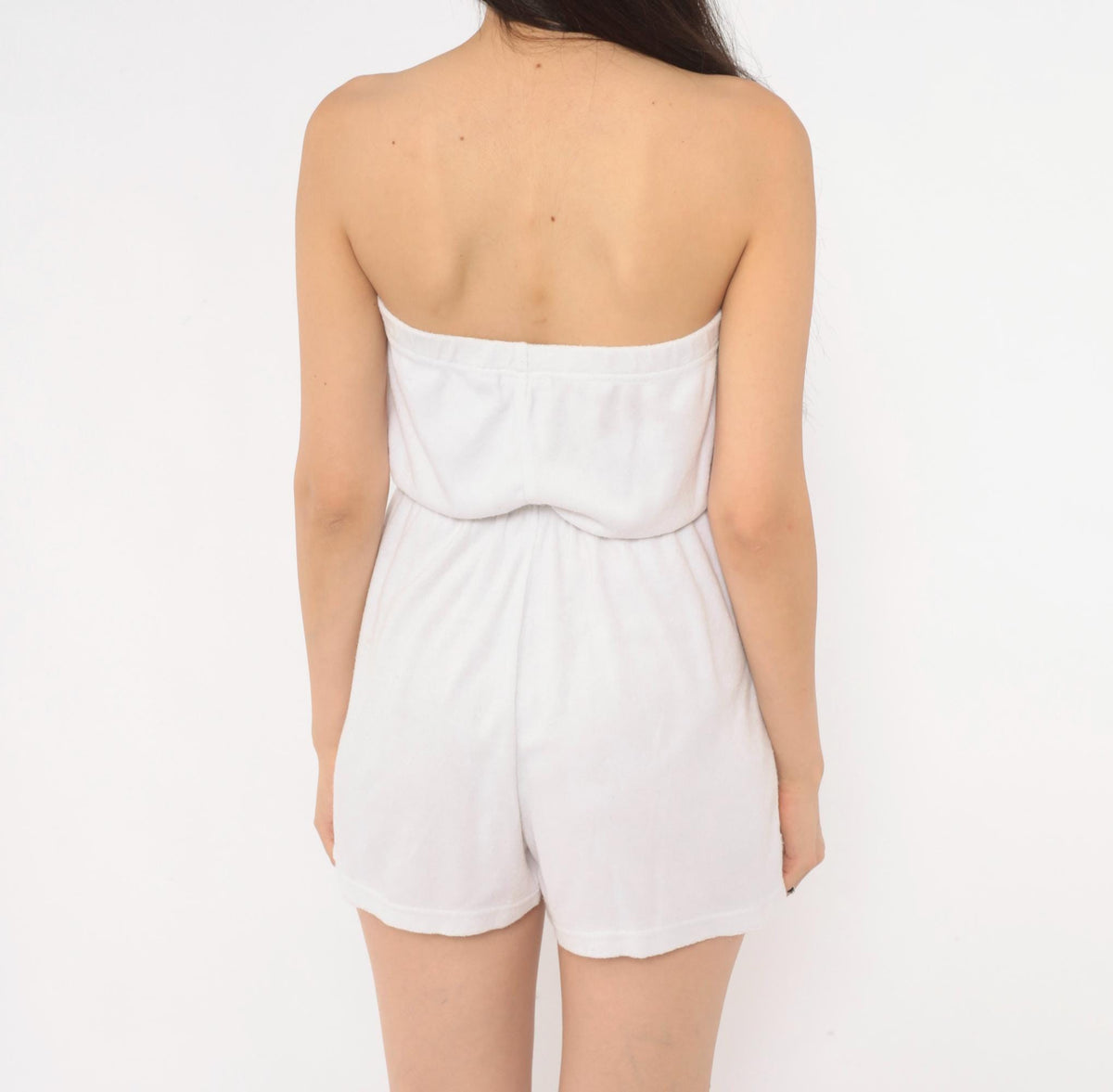 80s Bobbie Brooks White Strapless Terry Cloth Romper Umbrella Embroidered Small