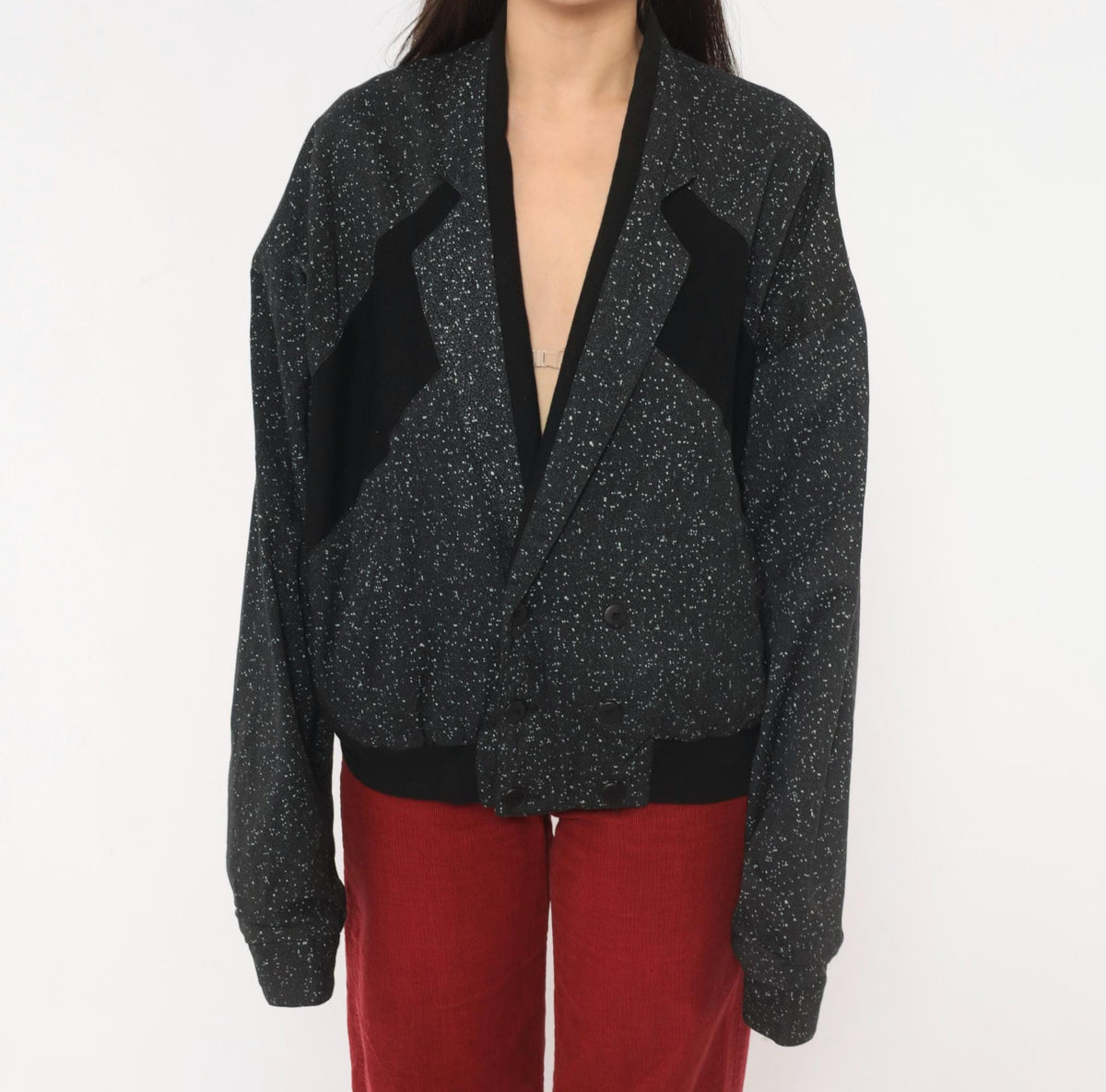 90s Code Zero Black Cotton Bomber Jacket White Speckled Notched Lapel Large L