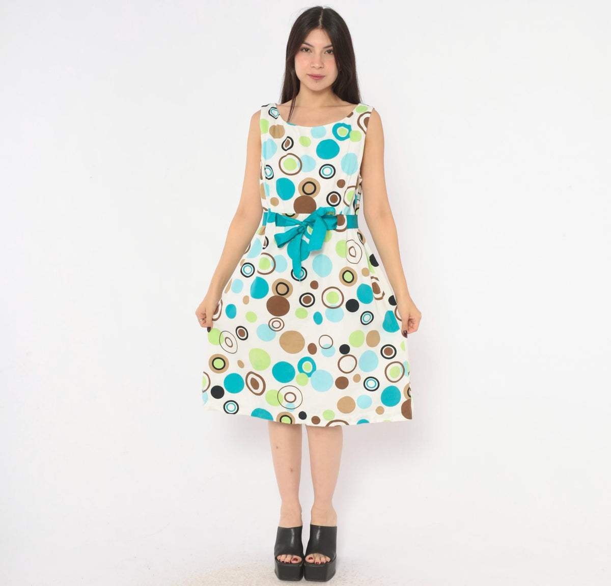 90s Jessica Howard White Polka Dot Sundress Teal Green Brown Knee-Length Large L