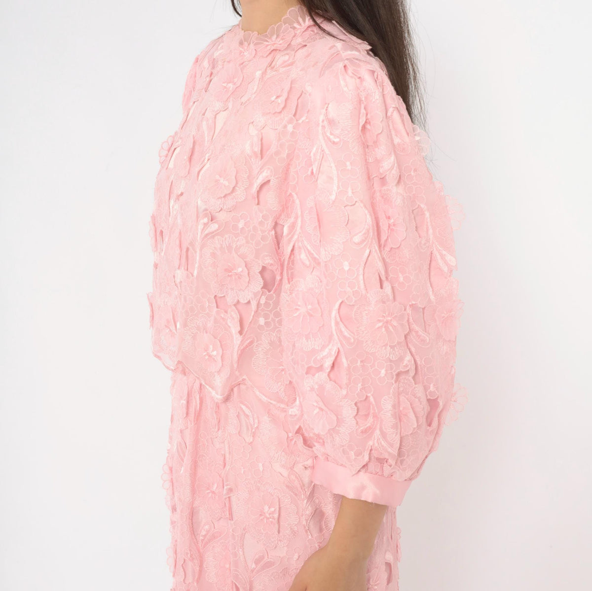 80s Bernadette Designs Pink Maxi Dress Floral Embroidered Puff Sleeve Large L