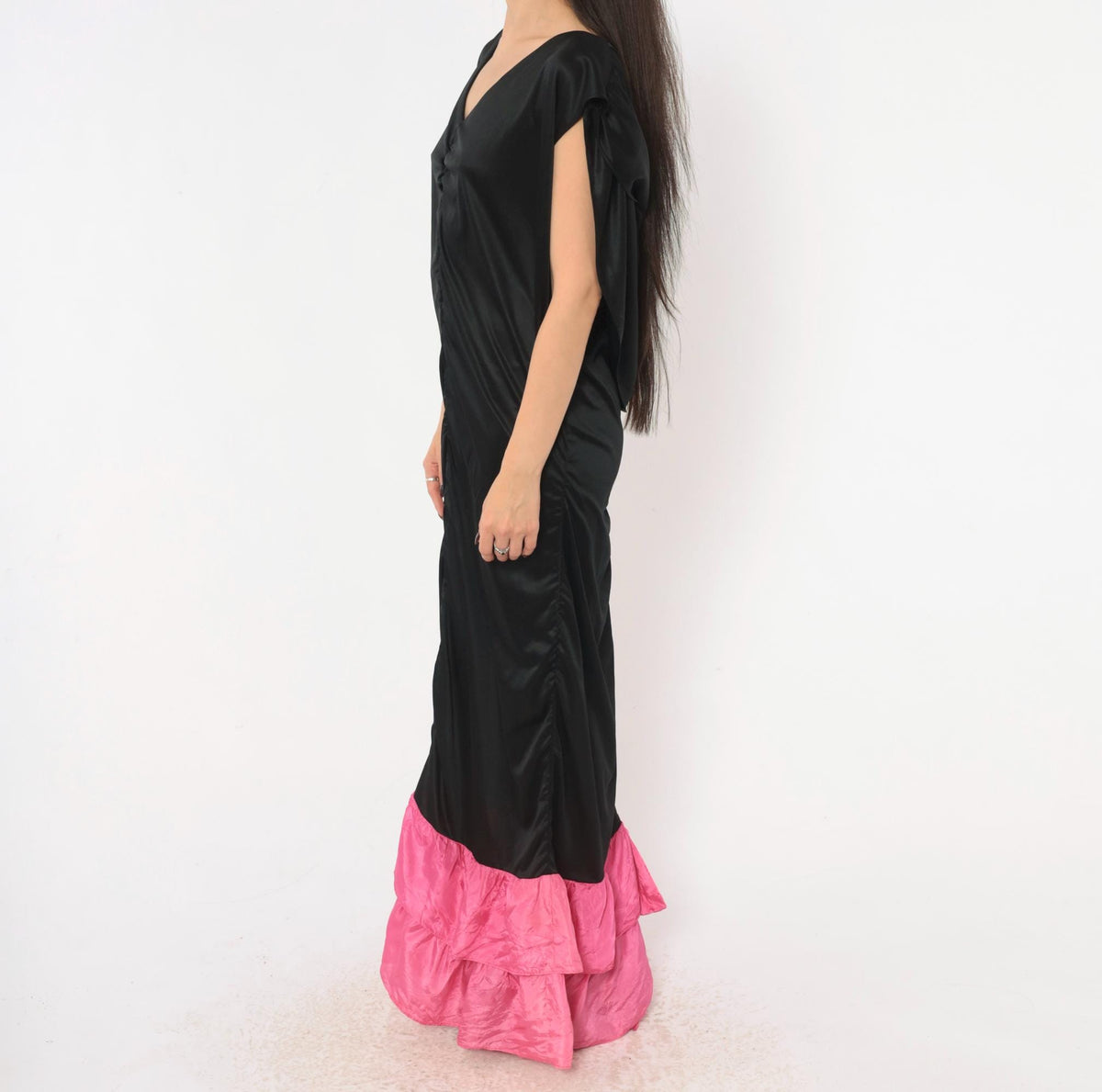 80s Black Satin Maxi Dress Fuchsia Ruffle Cowl Open Back Evening Gown Extra Large