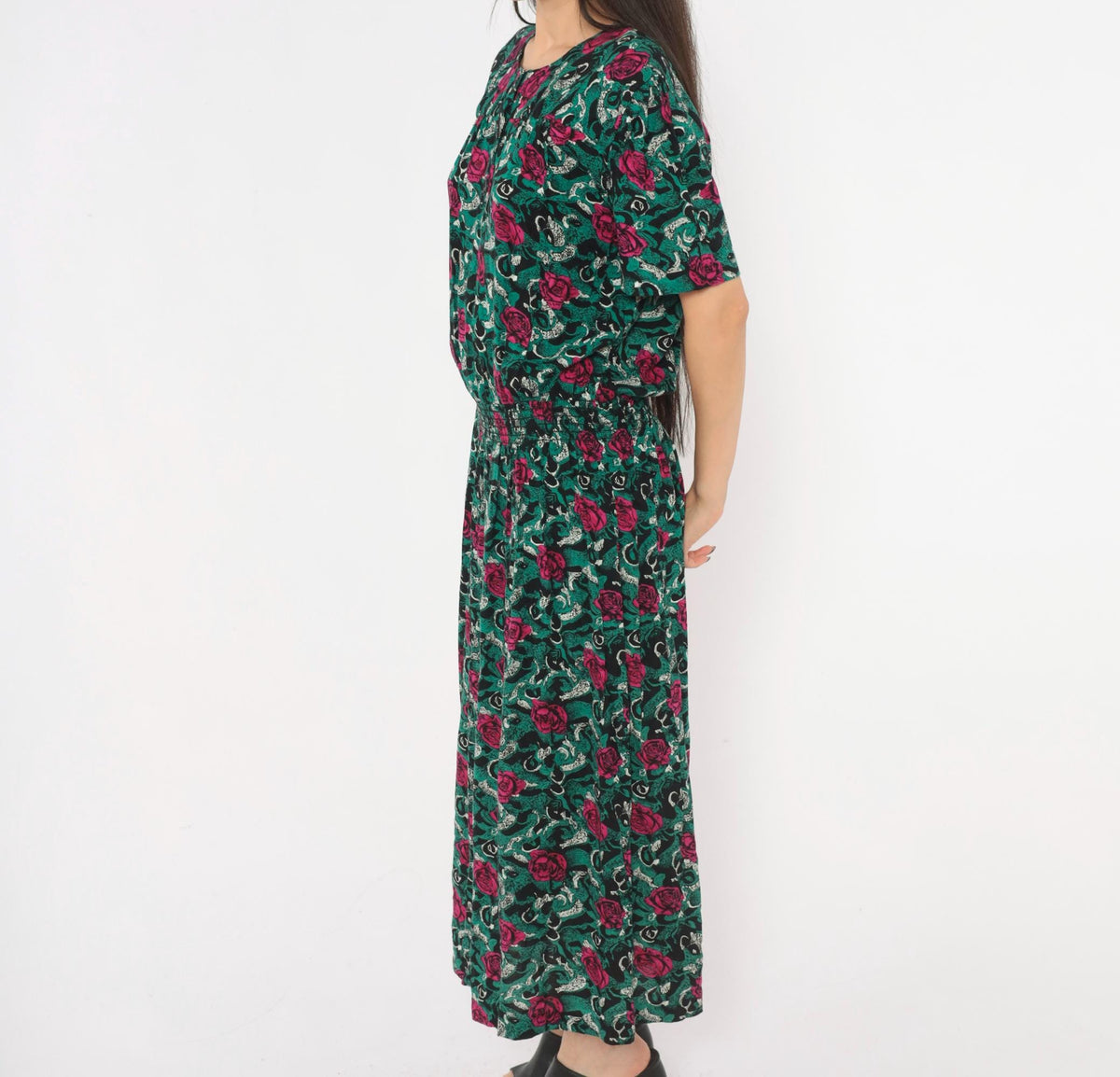 90s Virgo II Rose Print Maxi Dress Teal Pink Button Front Medium