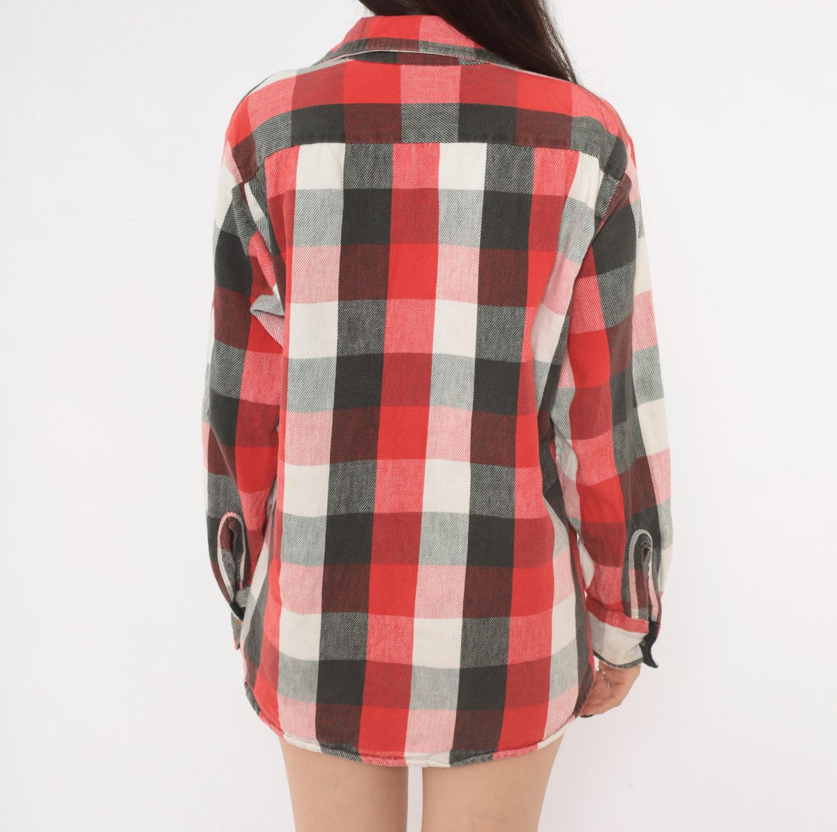 80s Buffalo Plaid Flannel Shirt Red Black White Cotton Button Front Medium
