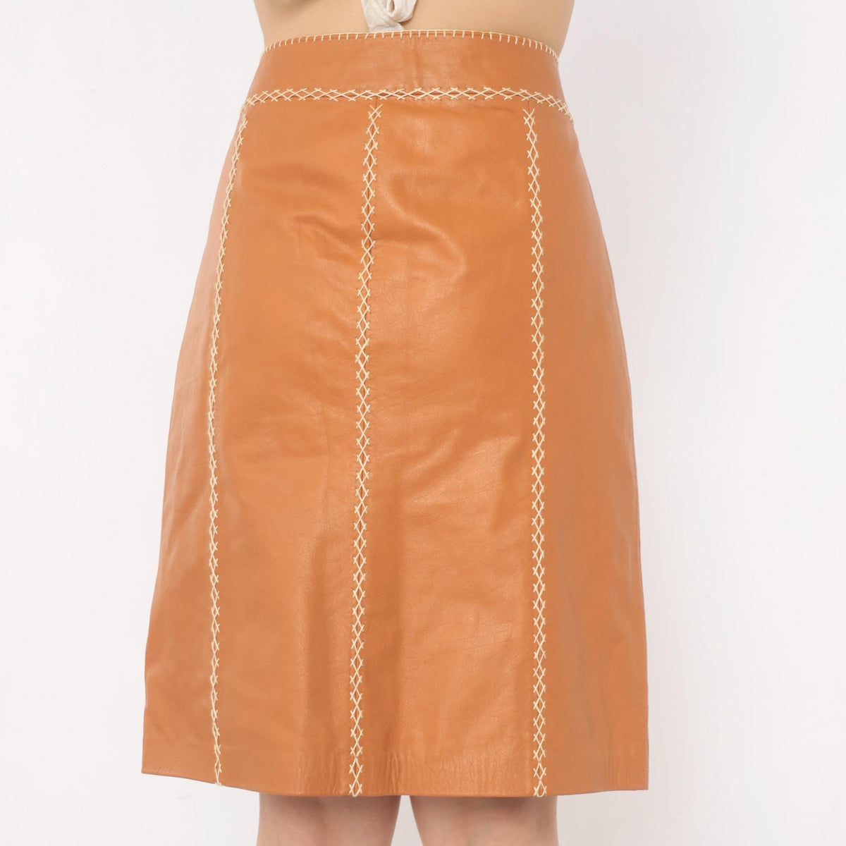 Y2K GAP Tan Leather A-Line Skirt Whipstitch Cream Stitching Small S