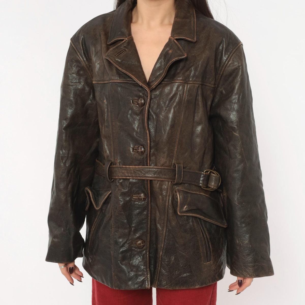 90s Oakwood Brown Leather Jacket Belted Waist Button Front Moto Large