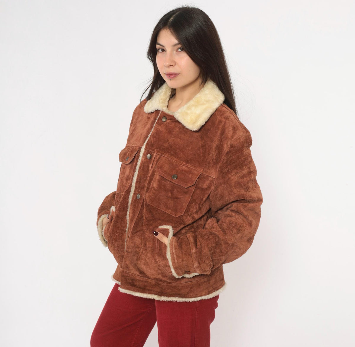 70s Grande Bay Brown Suede Trucker Jacket Shearling Lined Medium