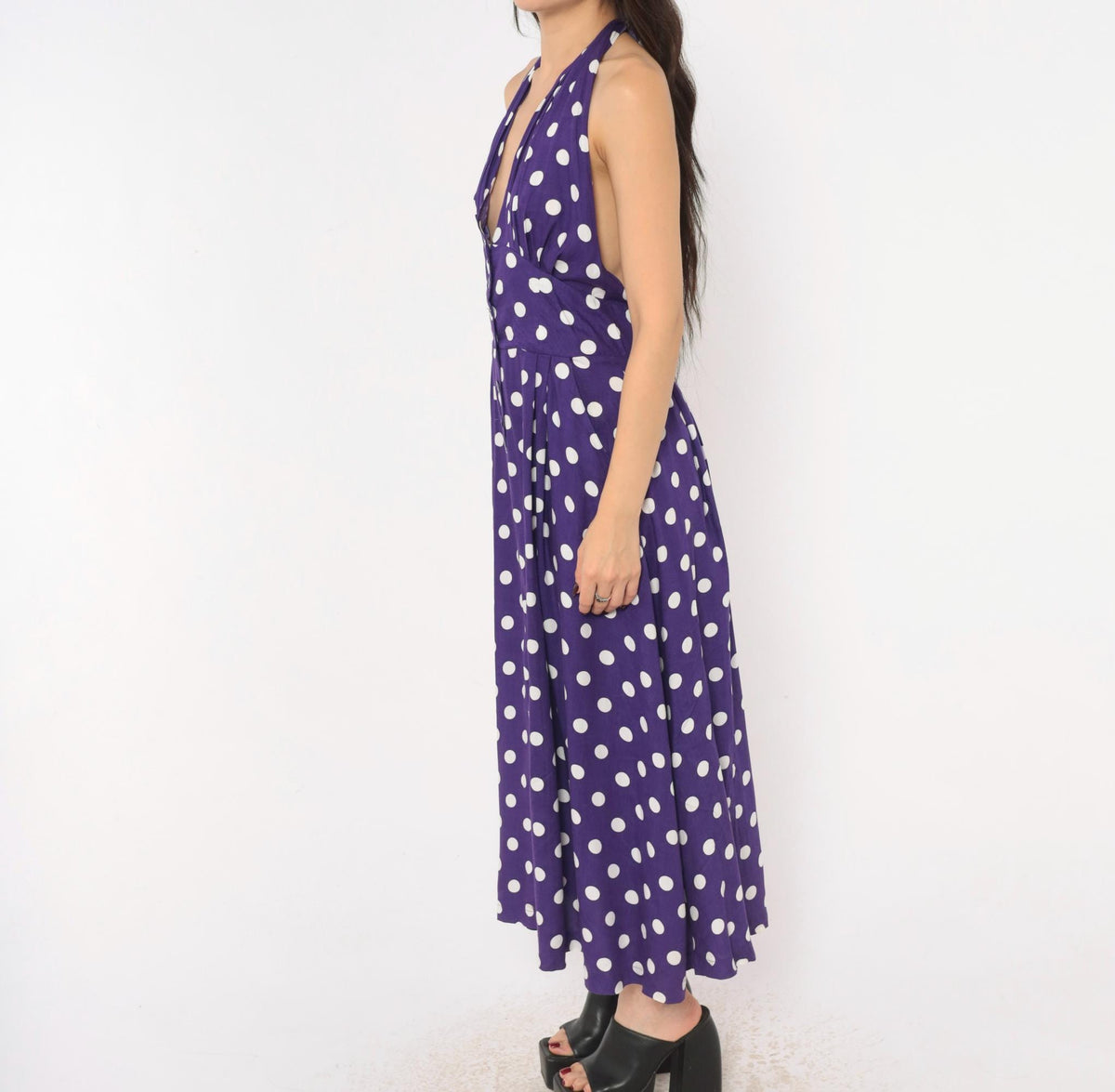 Y2K Purple White Polka Dot Halter Midi Dress Backless Rayon Large