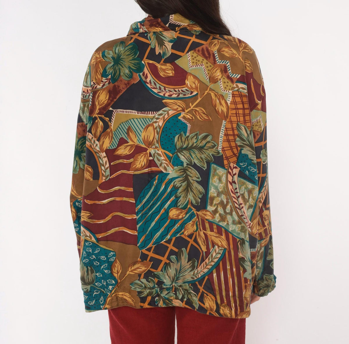 90s EVR Silk Bomber Jacket Tan Patchwork Leaf Print Unisex Large L