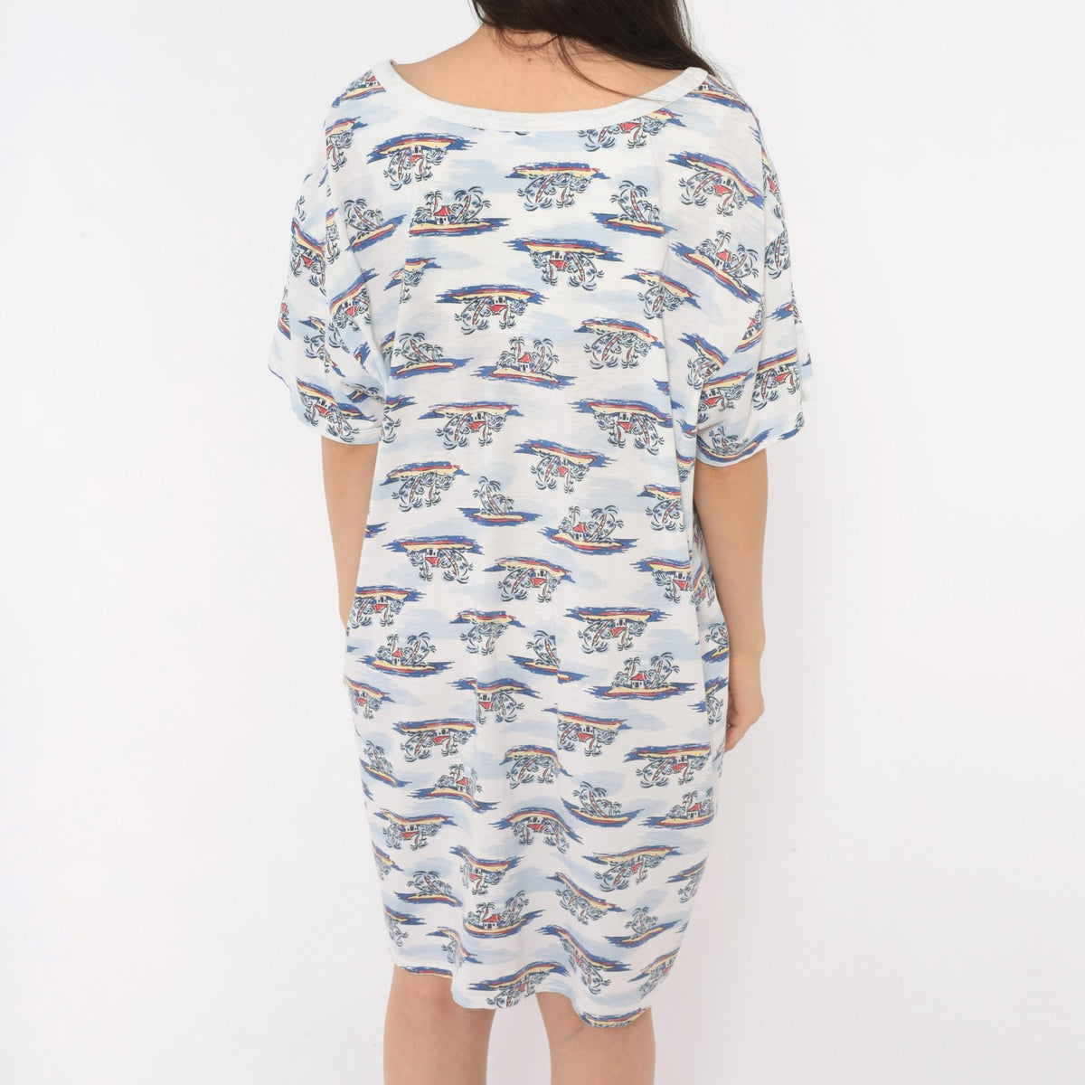 90s Down Under Tropical Palm Tree T-Shirt Dress White Blue Cotton One Size