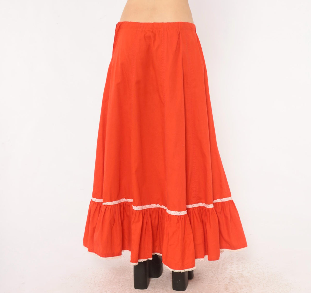 70s Orange Prairie Skirt Tiered Ruffle Eyelet Lace Trim Ankle Length Large
