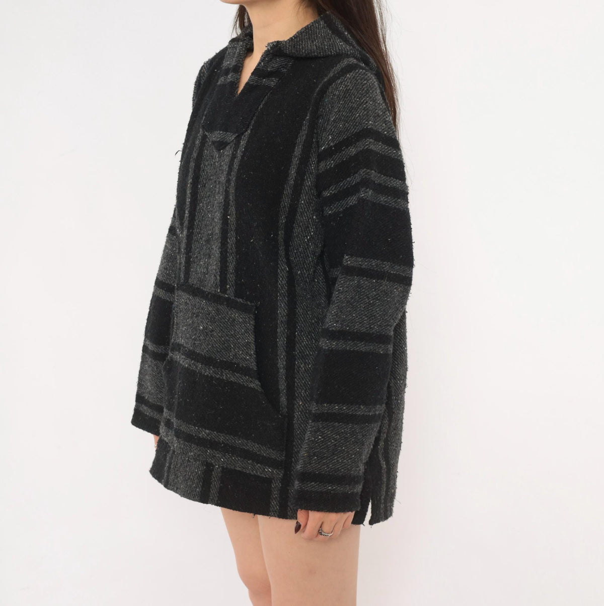 Y2K Peyote Baja Hoodie Black Grey Striped Woven Cotton Kangaroo Pocket Extra Large XL