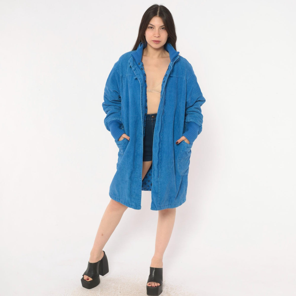 80s Windy Weather Corduroy Coat Blue Zip Front Stand Collar Large L