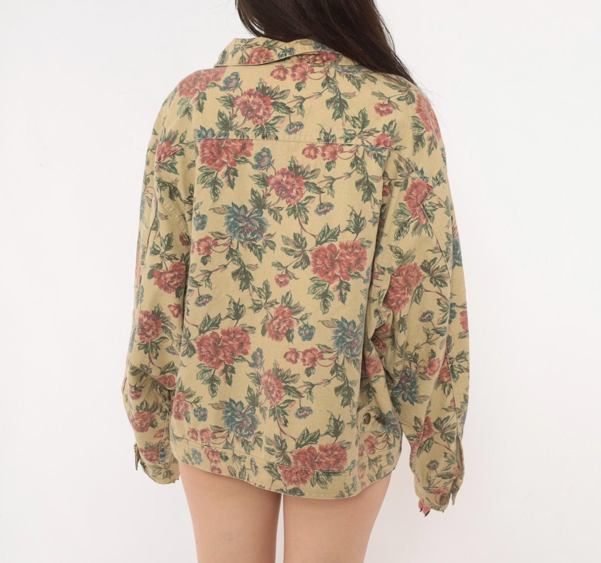 90s Woolrich Floral Denim Jacket Beige Cotton Canvas Pink Rose Print Extra Large XL