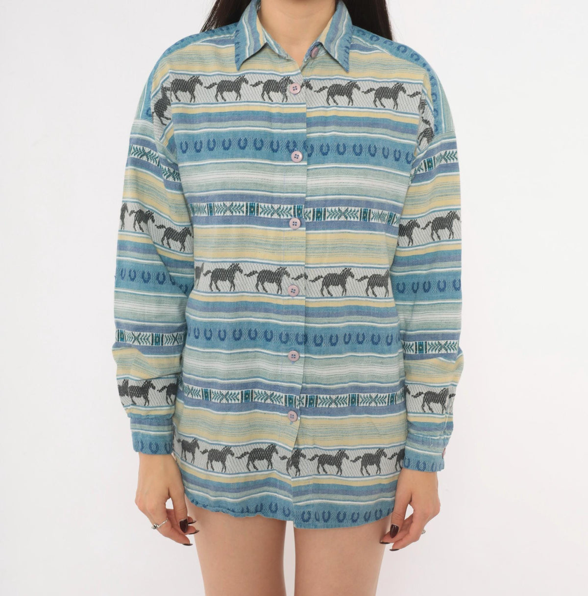 90s CM Company Horse Print Western Shirt Blue Cream Striped Cotton Small