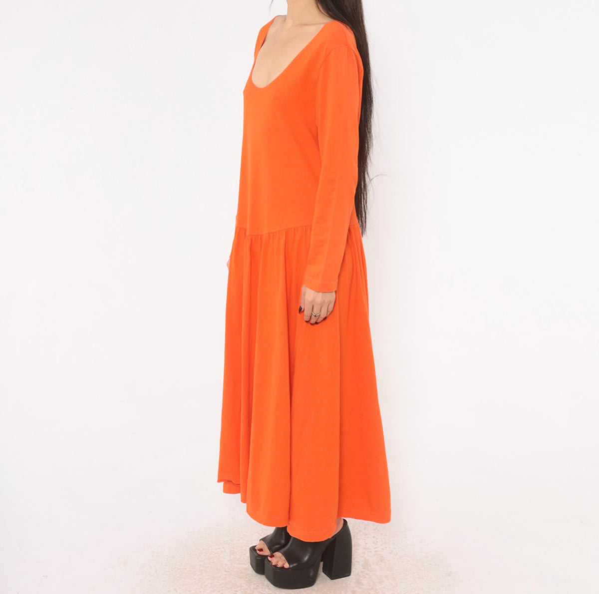 90s Oakbrook Sport Orange Cotton Dress Drop Waist Long Sleeve Medium