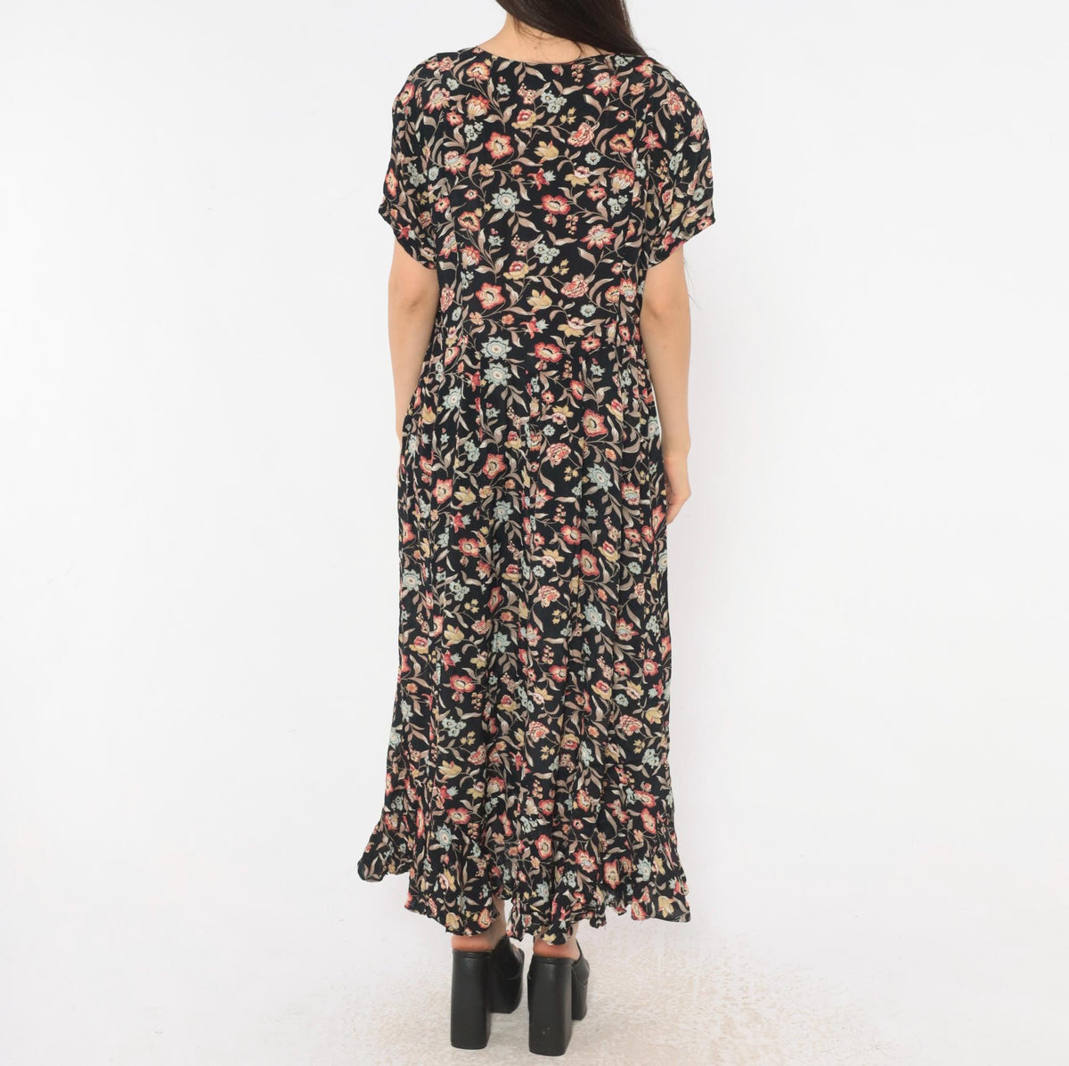 90s Contempo Casuals Black Floral Midi Dress Button Front V Neck Large L