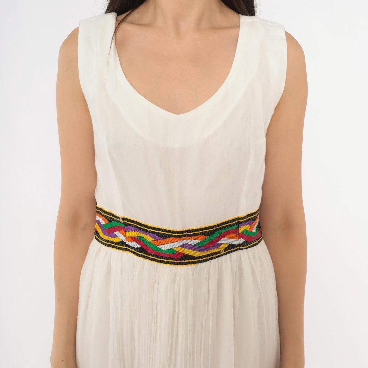 90s White Gauze Knee-Length Dress Ethiopian Habesha Embroidered Tibeb Multicolor Medium