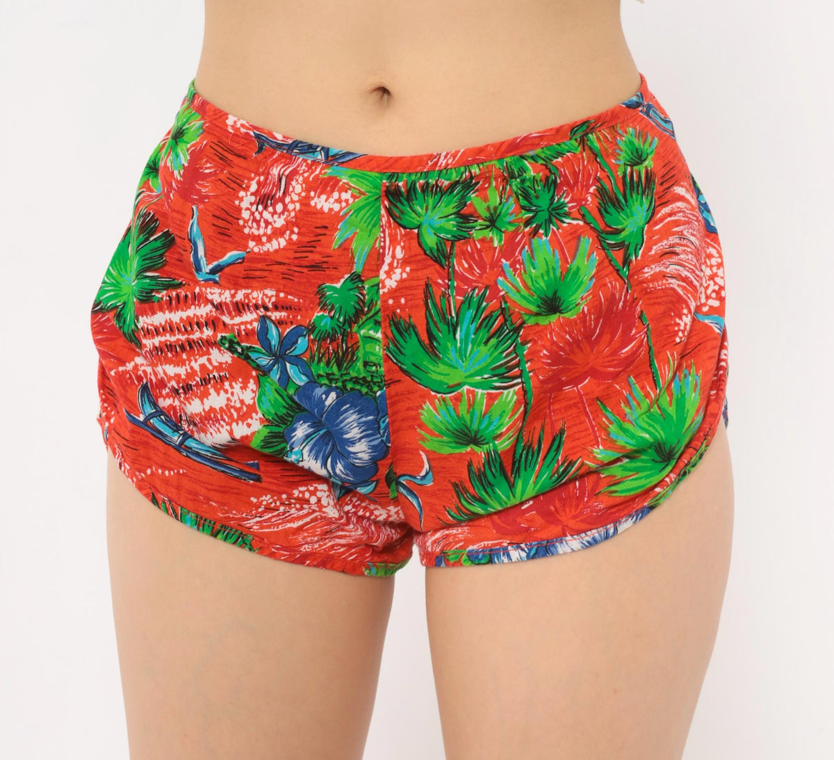 90s Hana Hawaiian Wrap Shorts Red Tropical Floral Cotton Small S