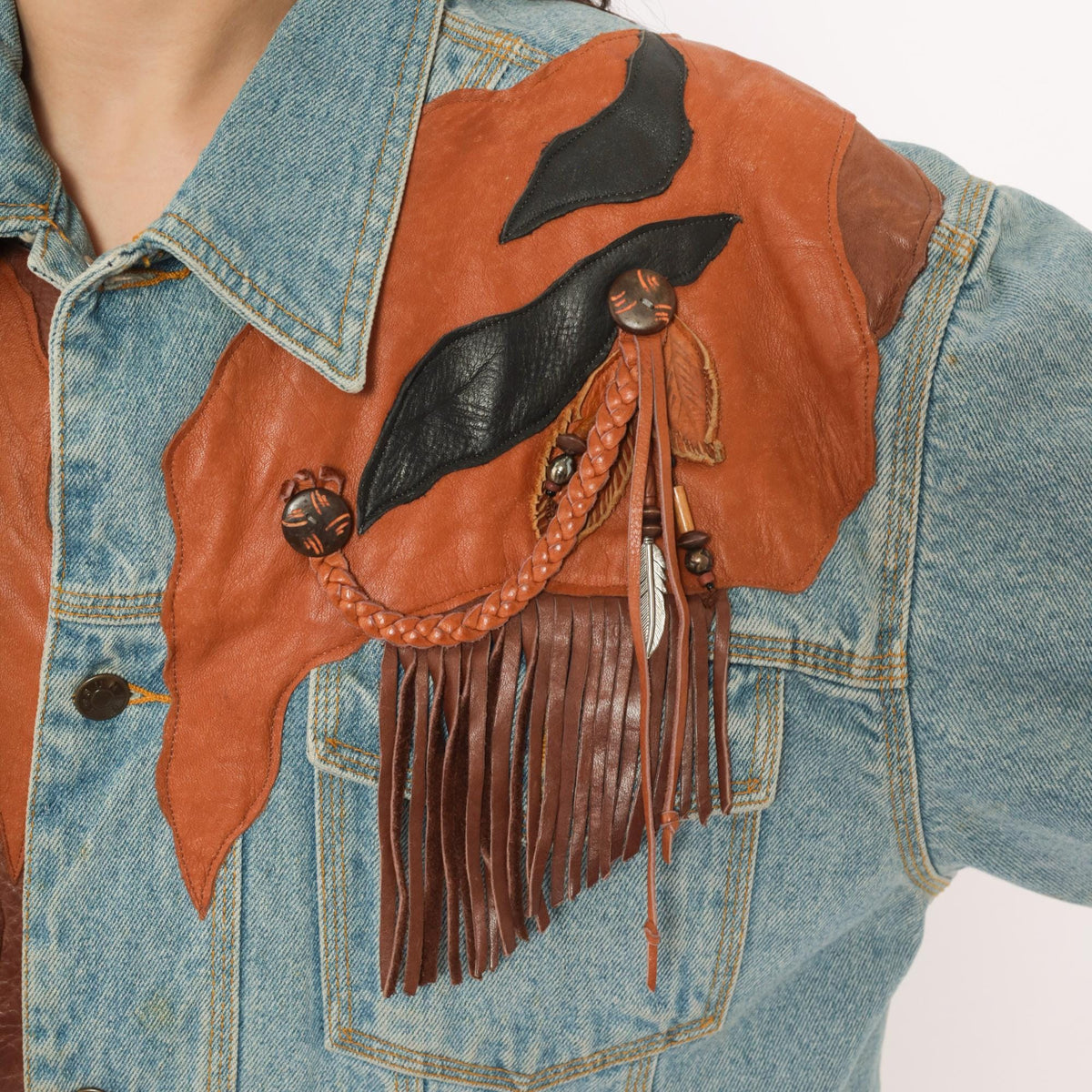 90s Petra C. Wall Denim Jacket Western Leather Cowboy Horse Patchwork Light Blue Medium M
