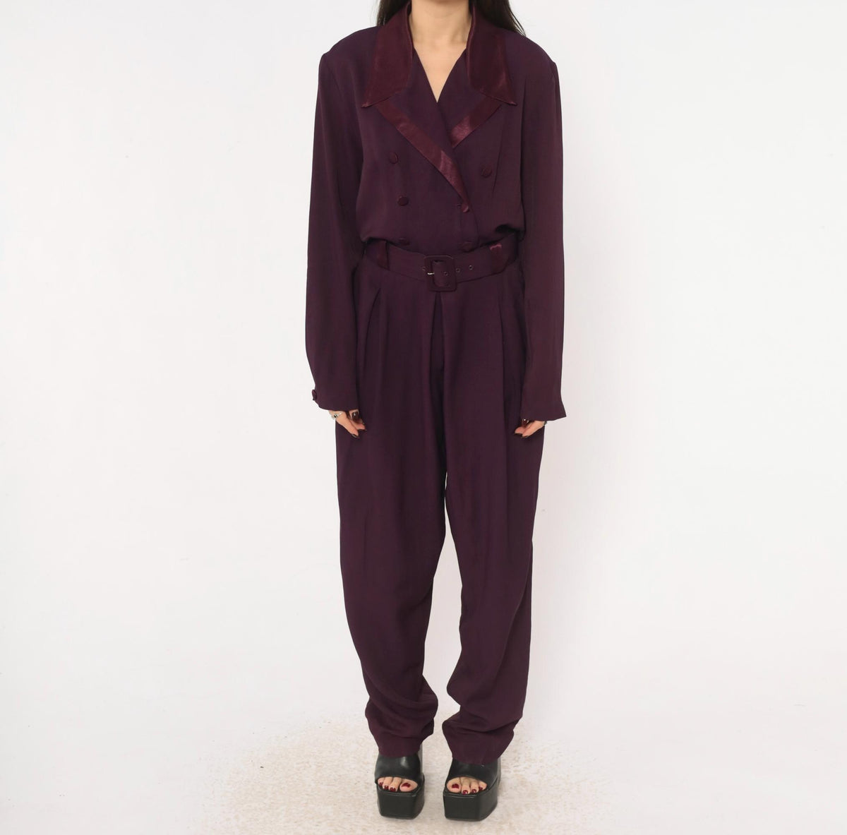 80s Studio I Plum Jumpsuit Double Breasted Satin Collar Belted Small