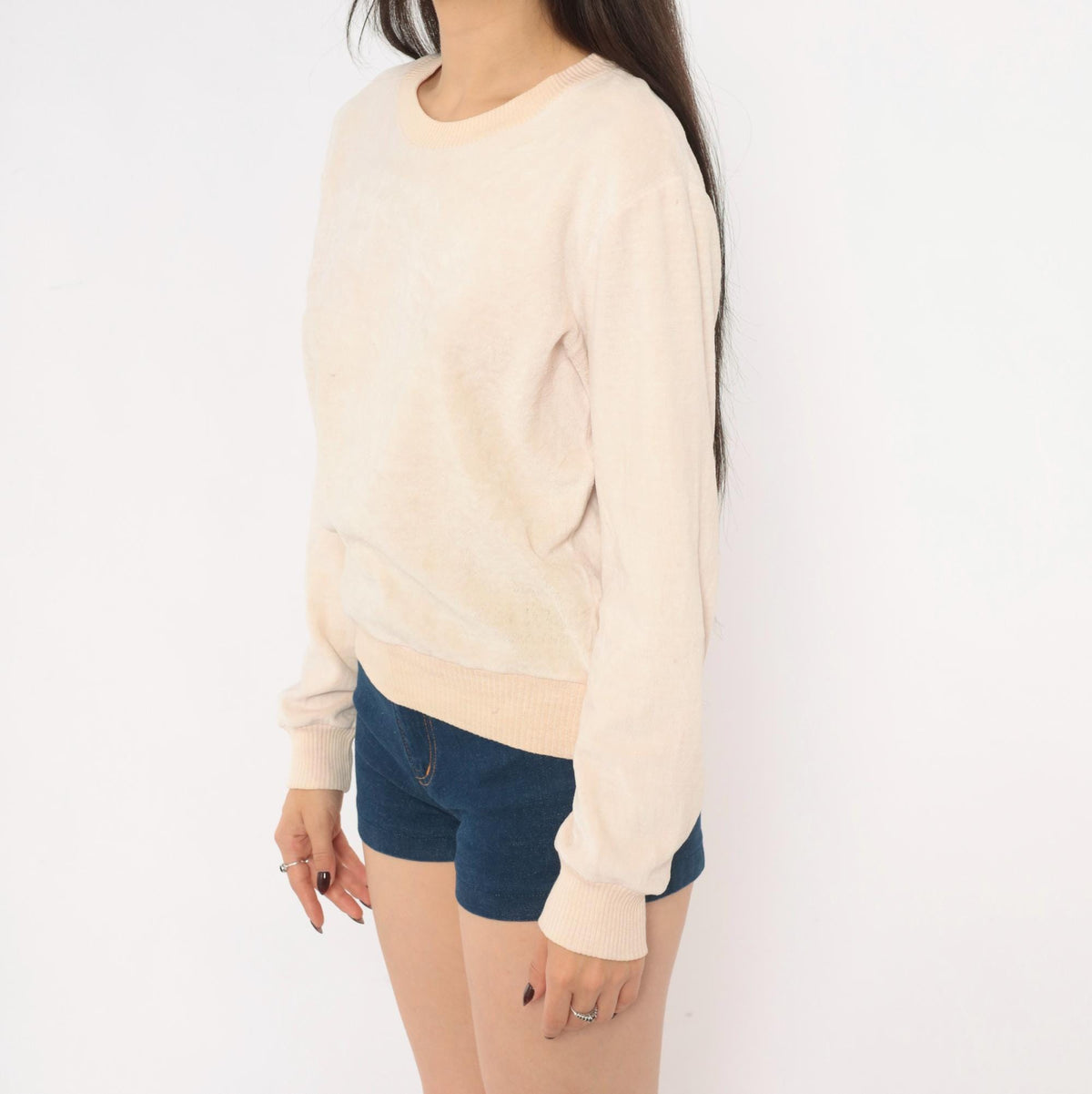 80s St Martine Velour Sweatshirt Cream Blush Pink Ribbed Crew Pullover Medium