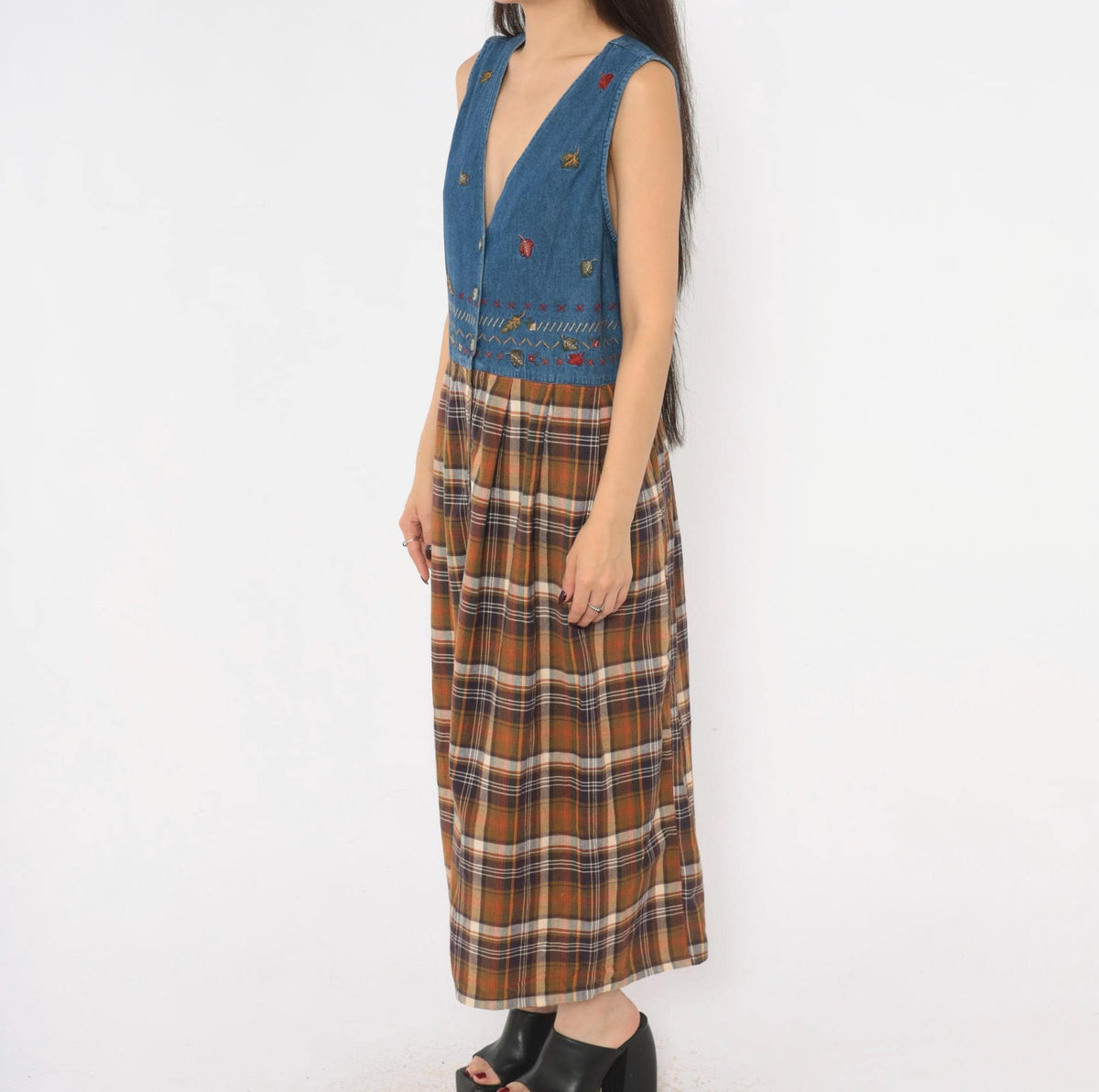 90s Casey&Max Denim Plaid Midi Dress Embroidered Leaves V Neck Large
