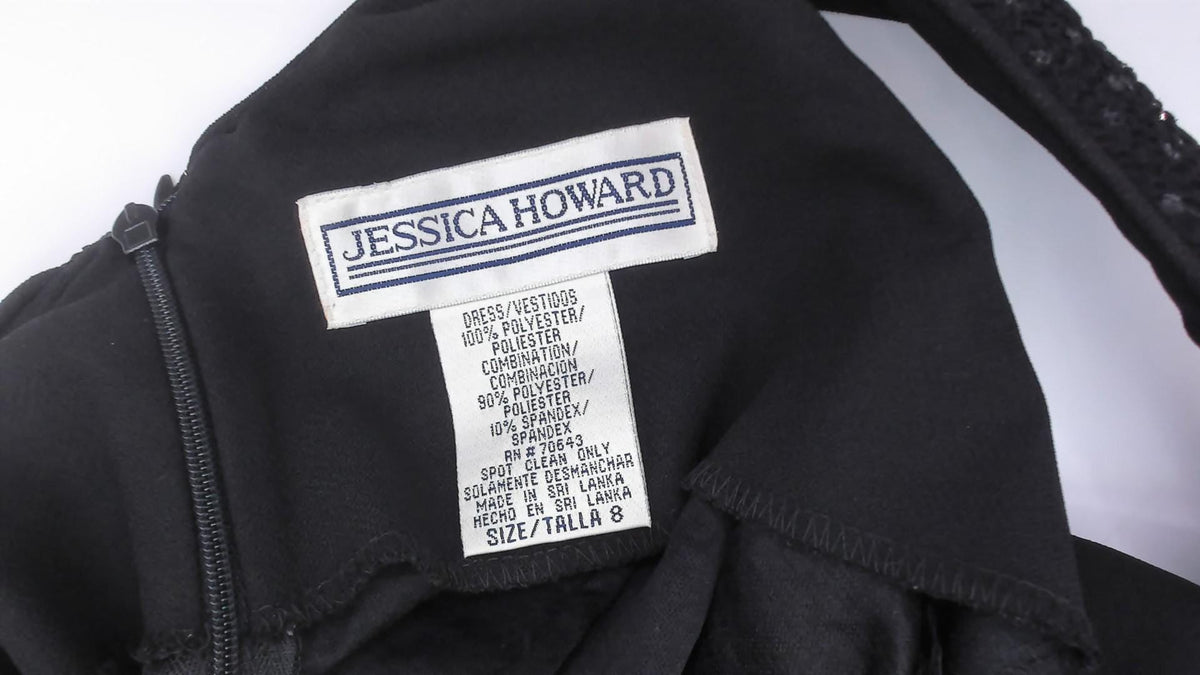 90s Jessica Howard Black Glitter Dress Velvet Trim V Back Knee Length Medium M