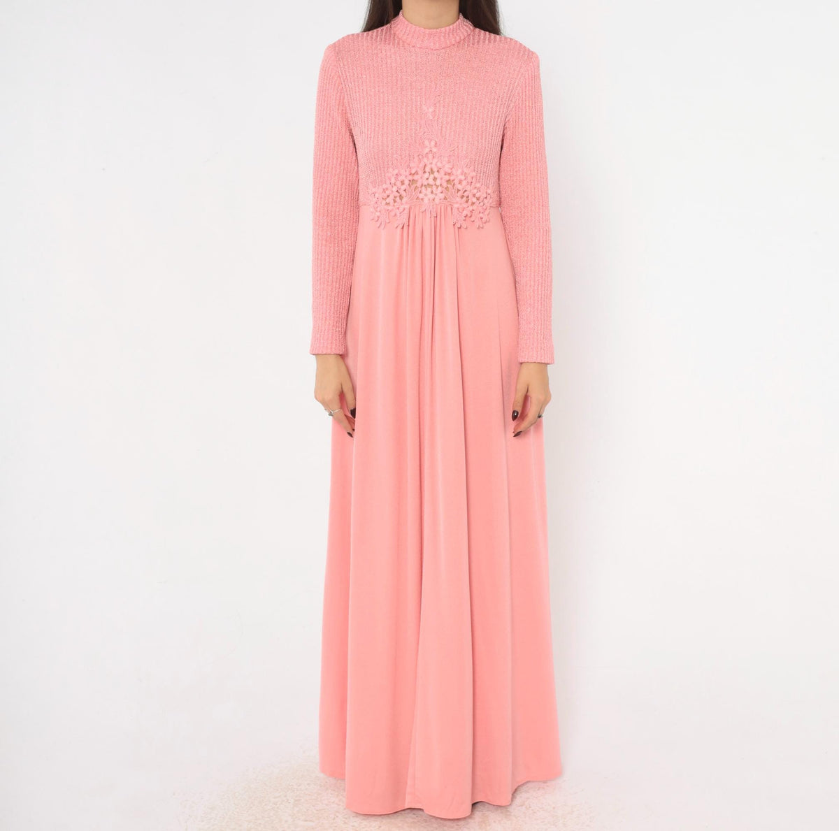 70s Pink Maxi Dress Knit Bodice Floral Lace Empire Waist Long Sleeve Medium