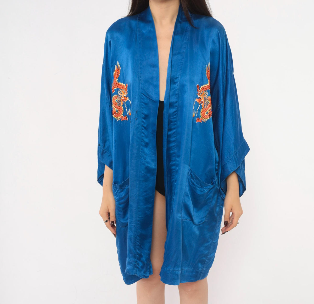 90s Golden Deer Silk Kimono Robe Cobalt Blue Dragon Embroidered Medium