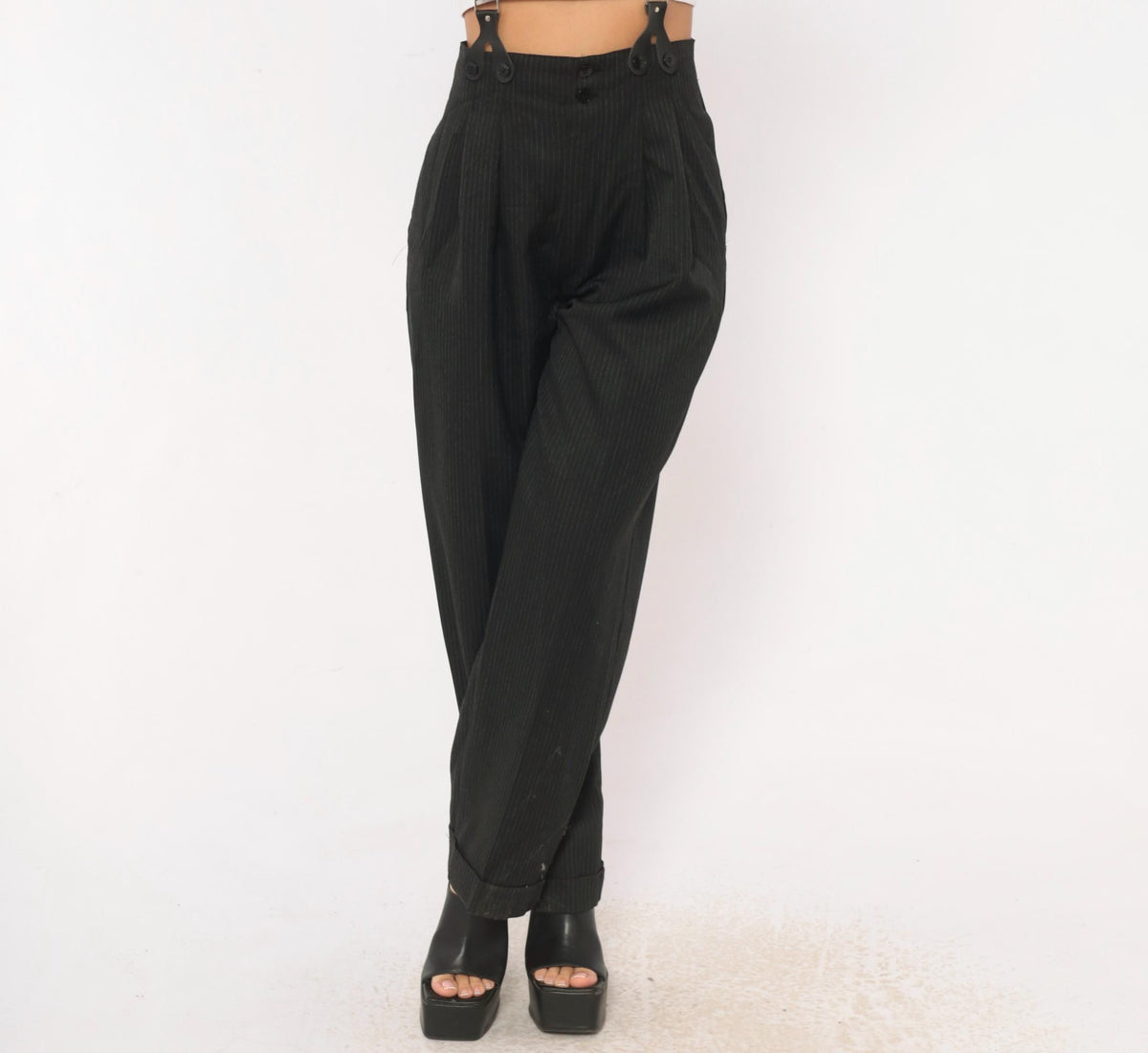 80s 7th Alternative Pinstripe Trousers Black High Waist Pleated Tapered Small S