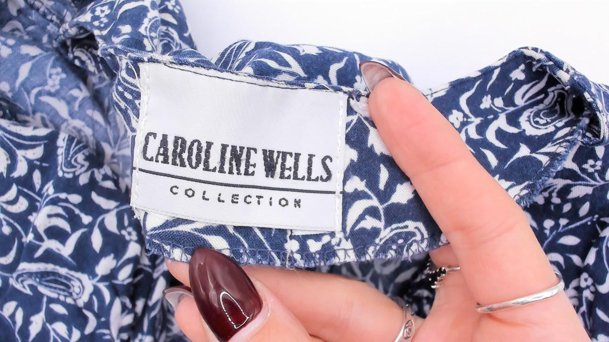 90s Caroline Wells Navy Paisley Floral Dress Button Front V Neck Medium M