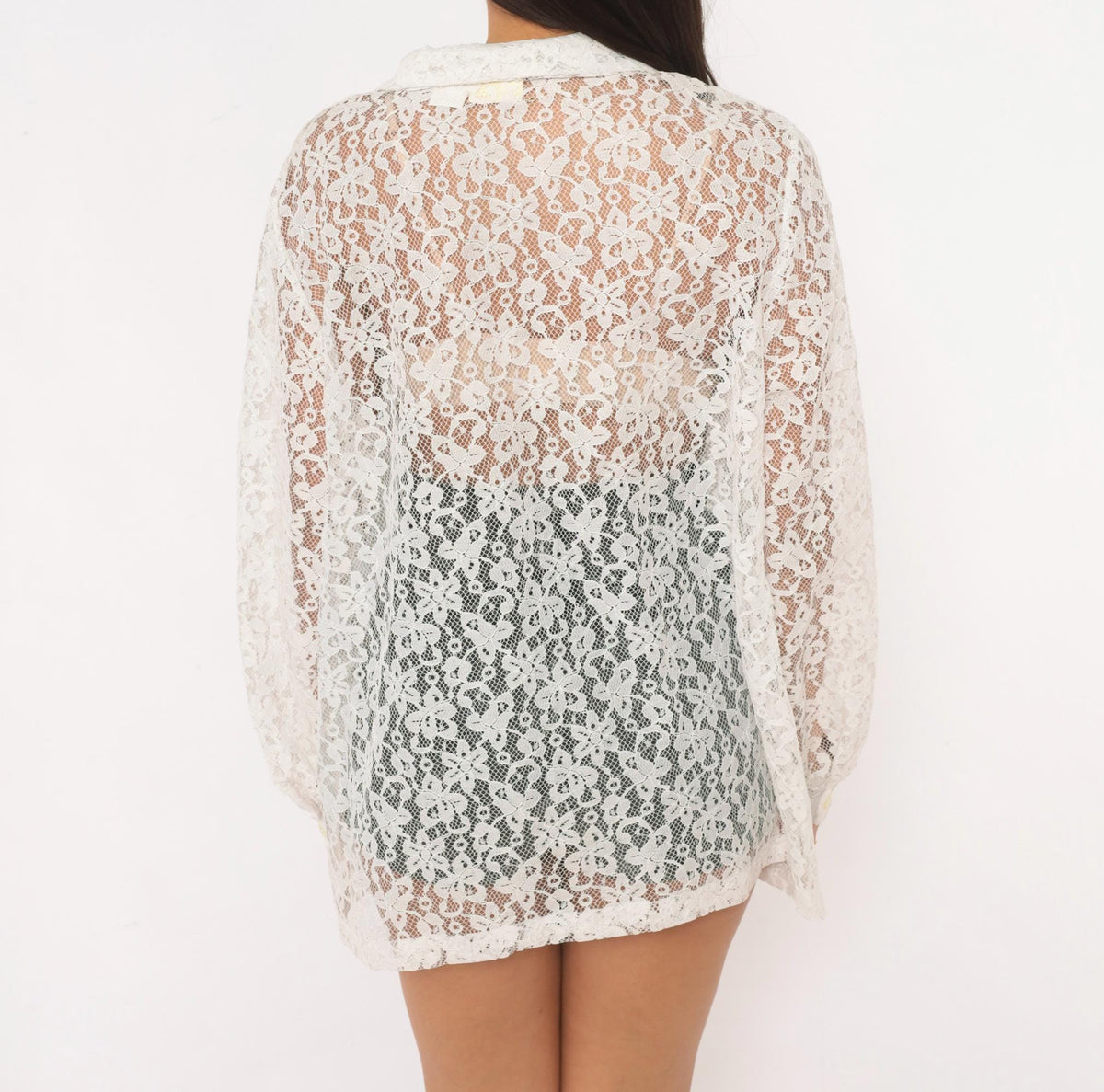 90s White Lace Blouse Sheer Floral Button Front Long Sleeve Patch Pocket Large