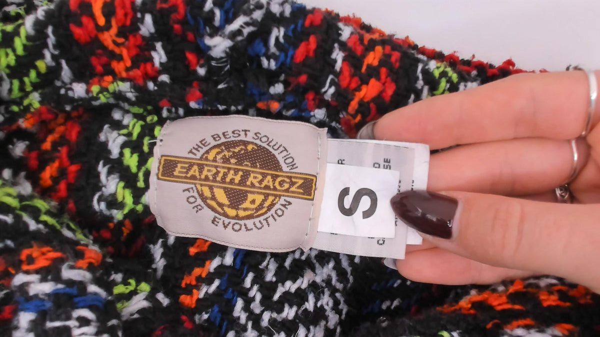 90s Earth Ragz Baja Hoodie Striped Black White Neon Green Small