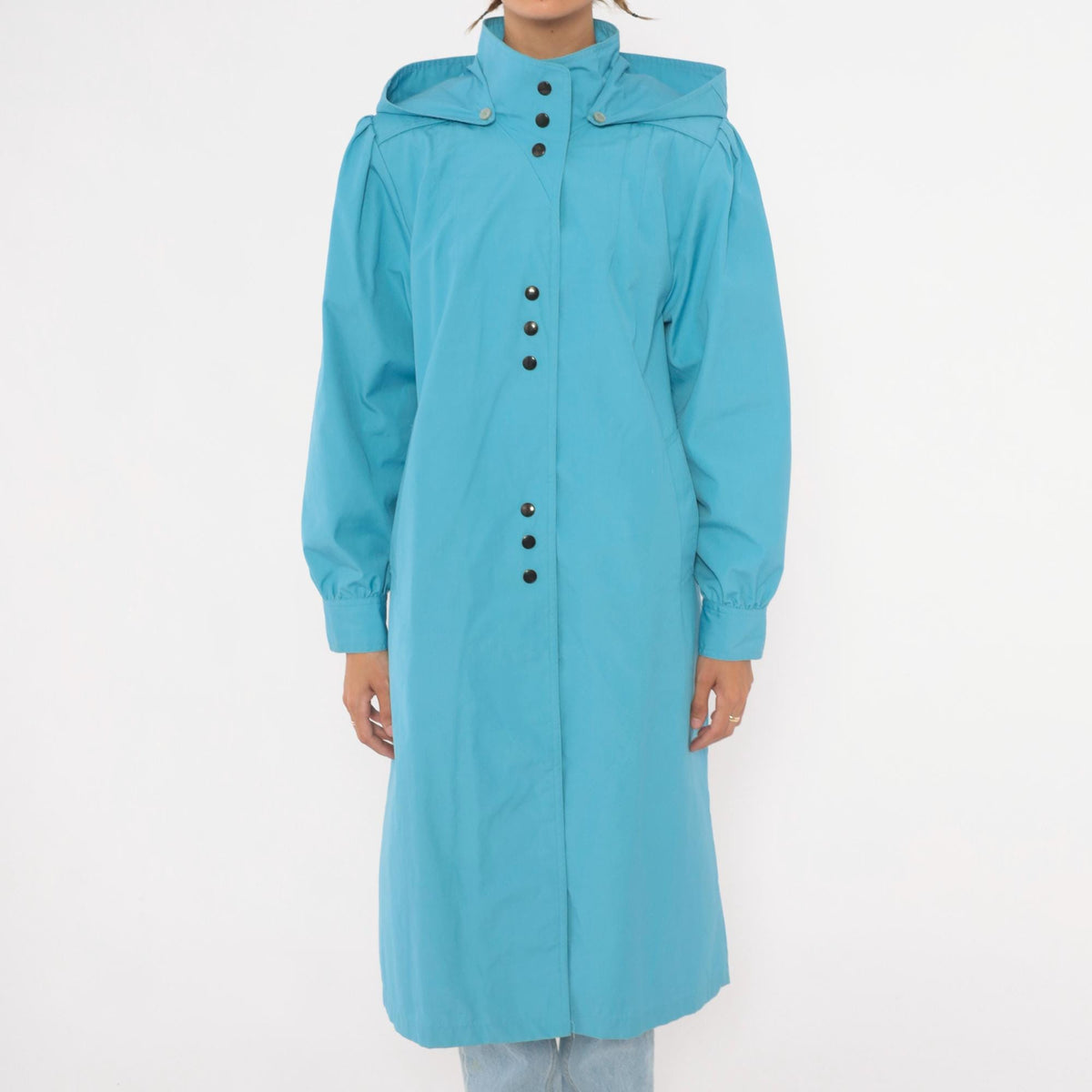 70s Blue Hooded Raincoat Snap Front Trench Puff Sleeve Medium