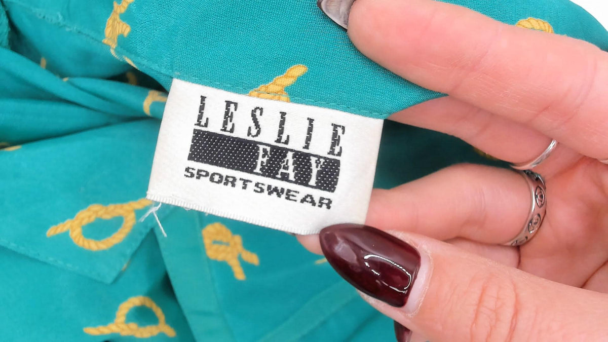 90s Leslie Fay Nautical Knot Print Blouse Teal Camp Collar Large L