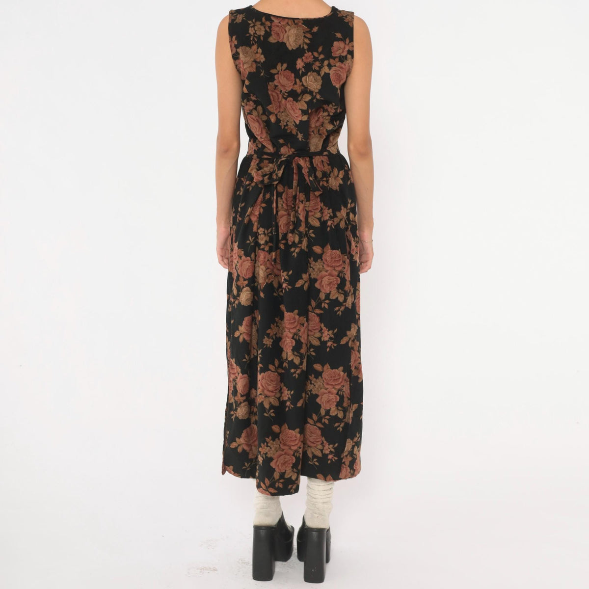 90s Black Floral Velour Dress Rose Print Tie Back Ankle Length Small S