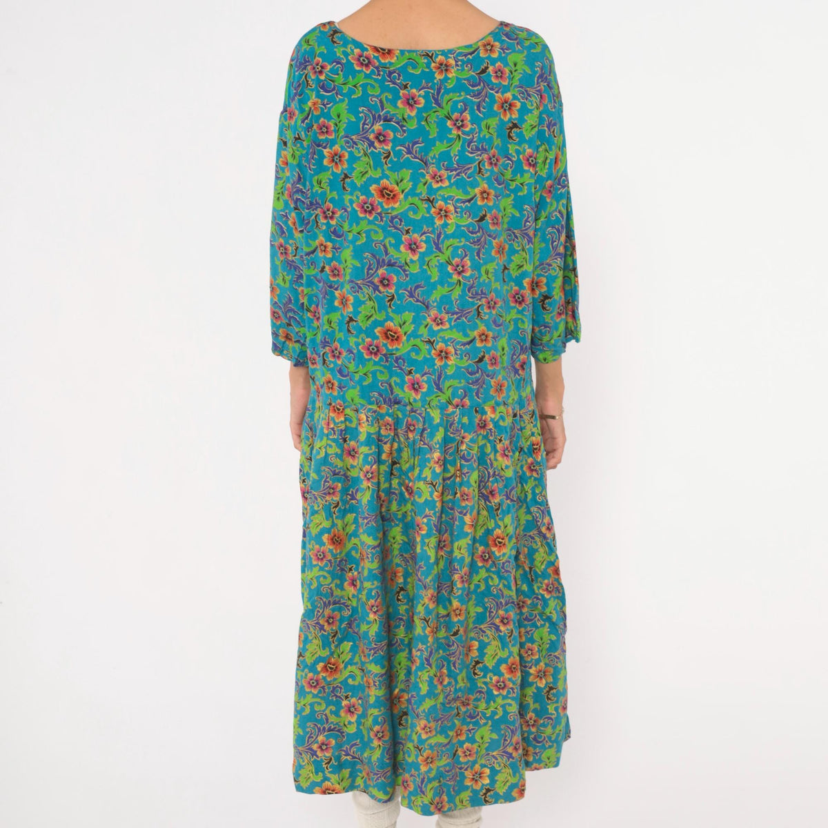 80s Passports Floral Midi Dress Teal Drop Waist Pockets Large L