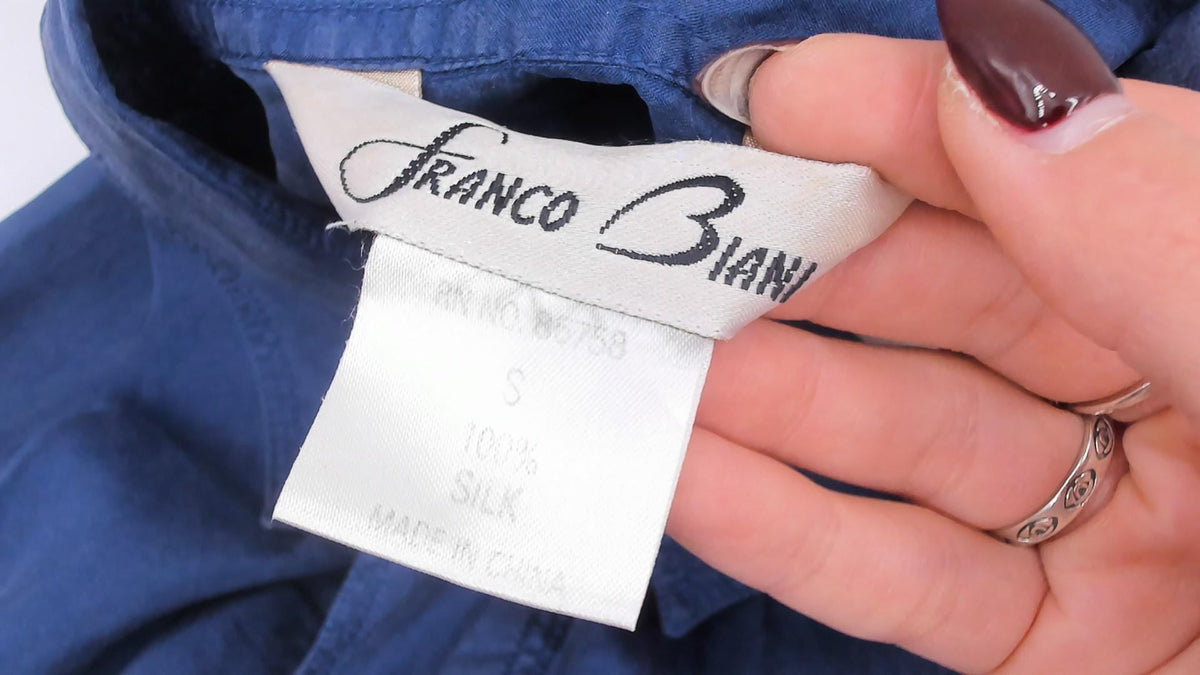 90s Franco Biani Navy Silk Button-Up Shirt Small