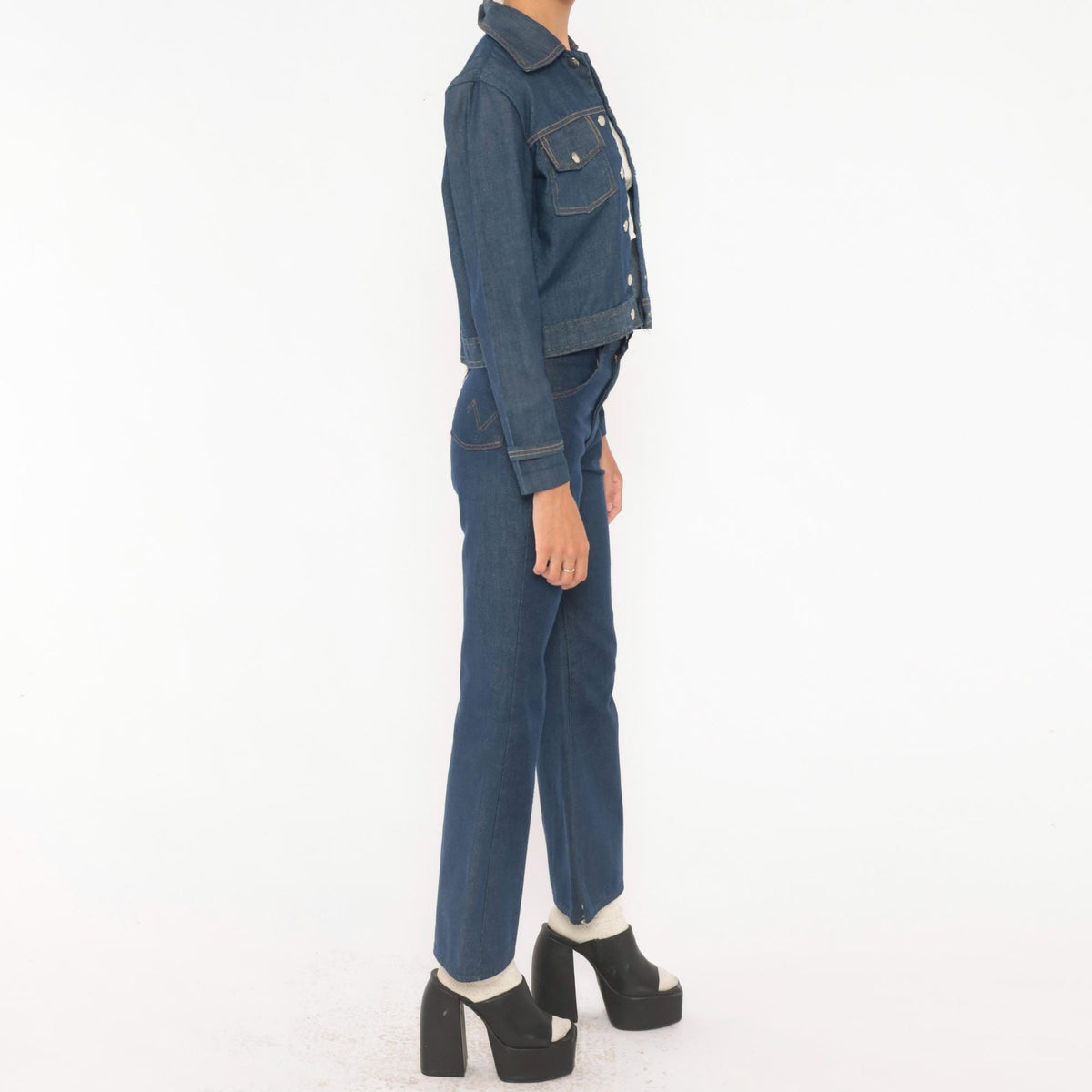80s Bogart of Texas Denim Two Piece Set Cobalt Blue Cropped Jacket Flare Jeans Extra Extra Small XXS