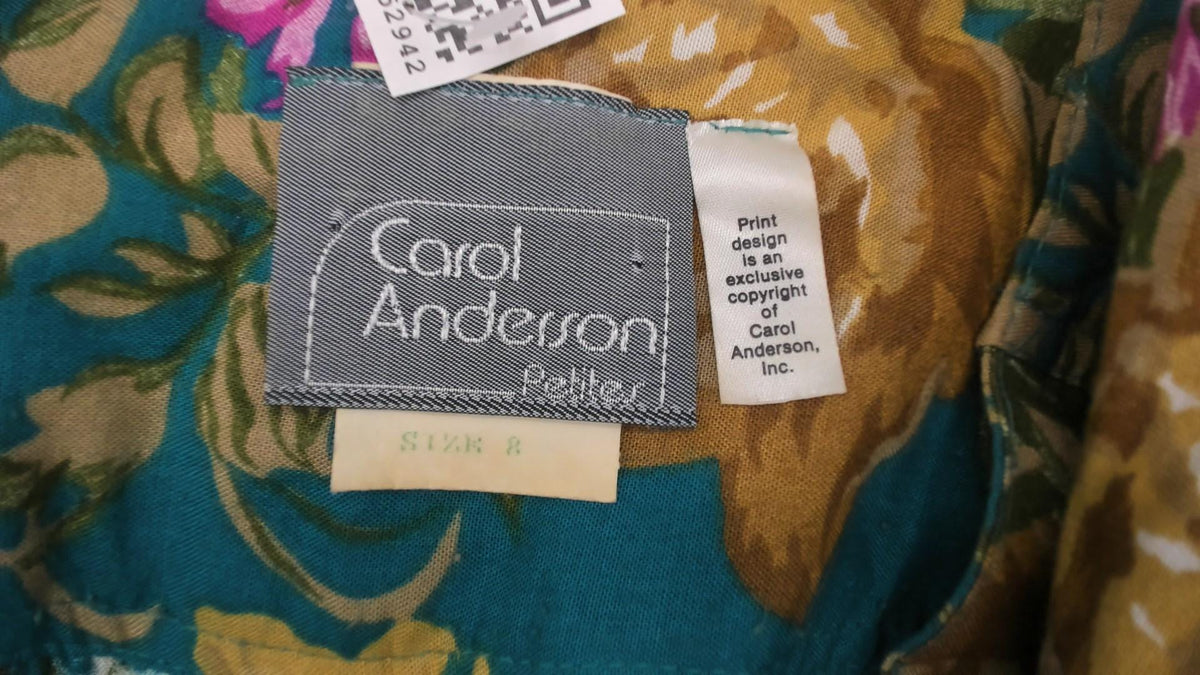 90s Carol Anderson Teal Floral Midi Dress Puff Sleeve Button Front Small S