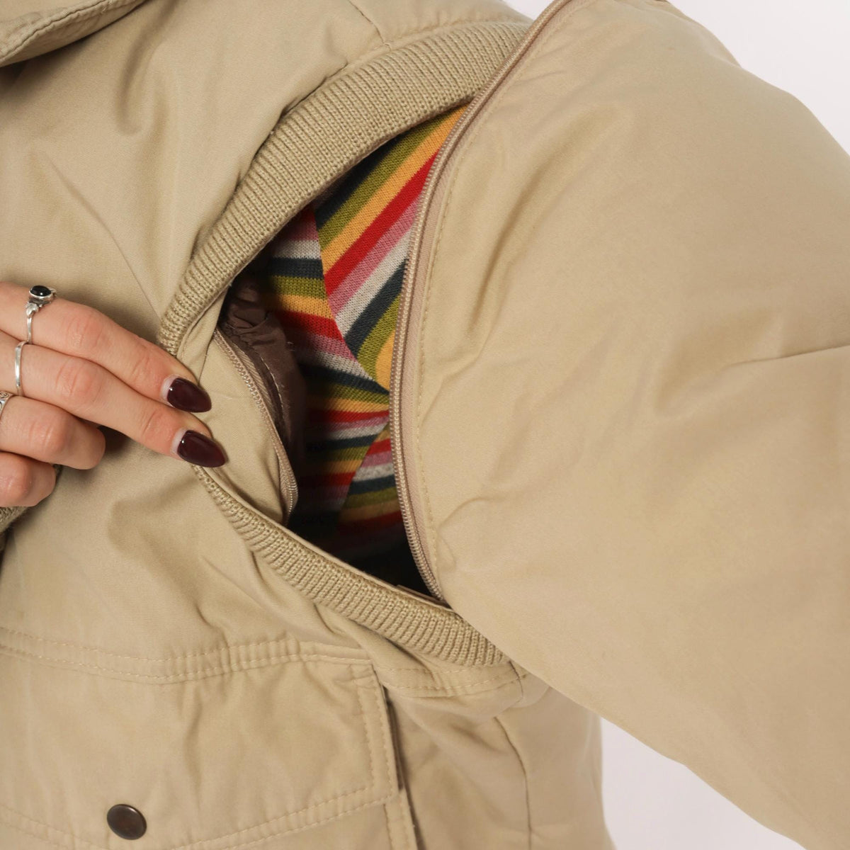 70s Natural High Down Bomber Jacket Convertible Zip-Off Sleeves Tan Medium