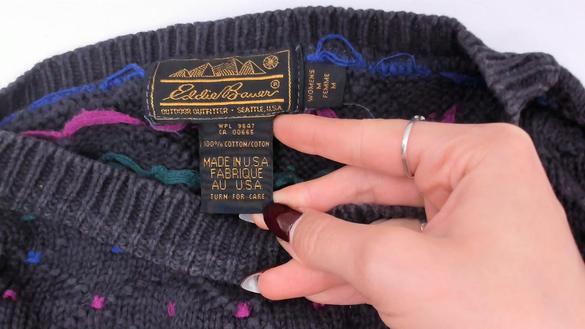 80s Eddie Bauer Cotton Knit Pullover Navy Diamond Pattern Medium