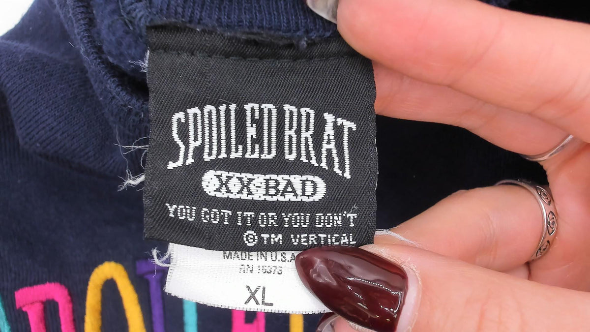 90s Spoiled Brat Navy Sweatshirt Embroidered Rainbow Text Extra Large XL